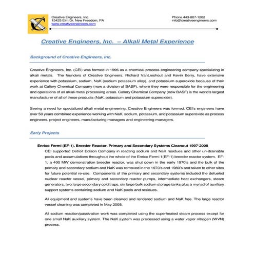 Creative Engineers, Inc. Alkali Metal Experience