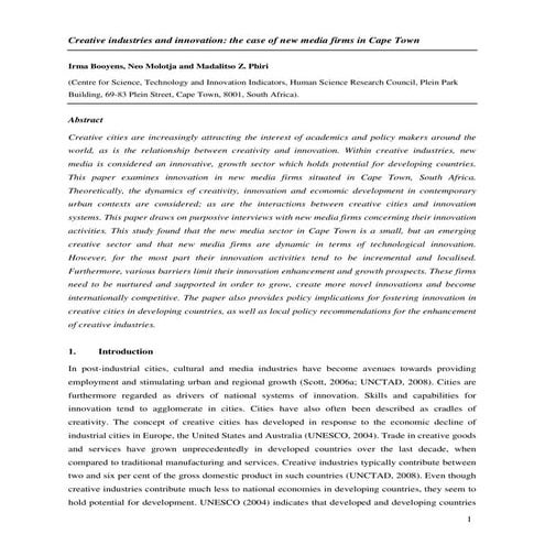 Creative industries and innovation the case of new media firms in cape town