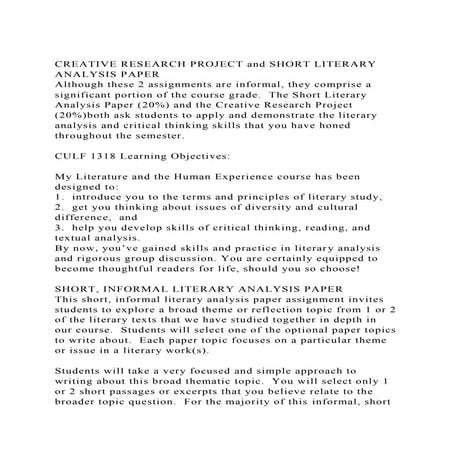 CREATIVE RESEARCH PROJECT and SHORT LITERARY ANALYSIS PAPERAltho.docx