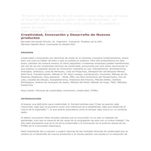 Creatividad, innovación y desarrollo de nuevos productos. articulo