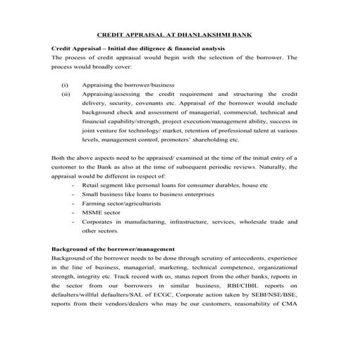 Credit appraisal at dhanlakshmi bank