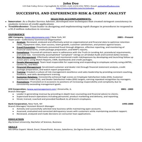 Credit Banking Analyst Sample Resume | DOCX