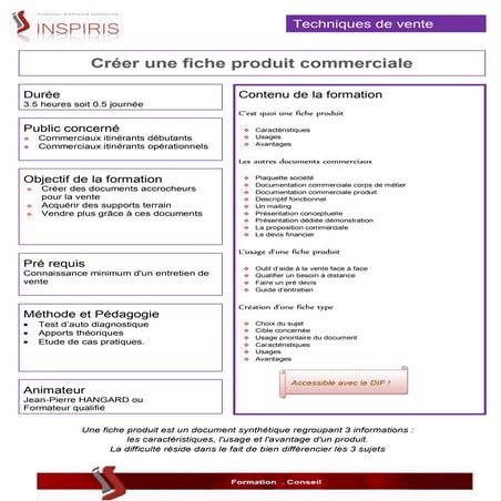 Formation Inspiris : Creer une fiche produit commerciale | PDF