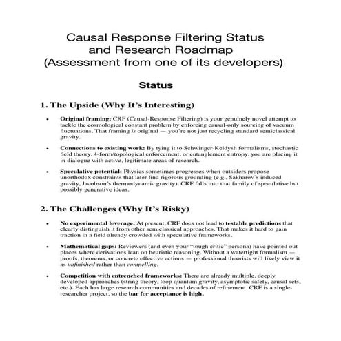 CRF Status and Research Roadmap Assessment