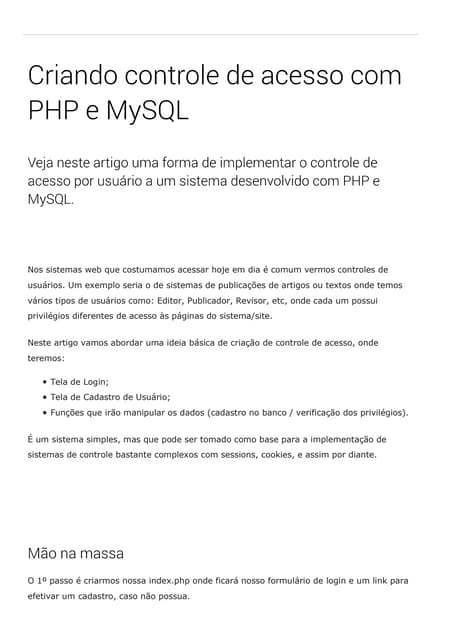 Criando controle de acesso com php e my sql