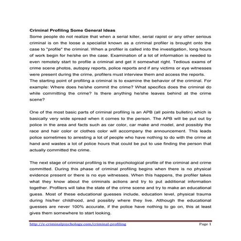 Some General Ideas About Criminal Profiling