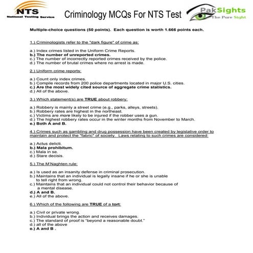 Criminology MCQs for NTS test solved past papers sample