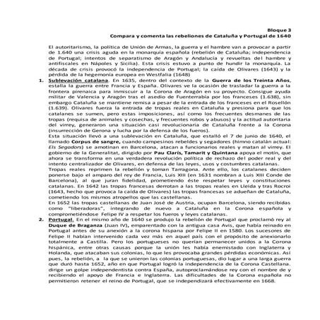 Bloque 3. Compara y comenta las rebeliones de Cataluña y Portugal de 1640