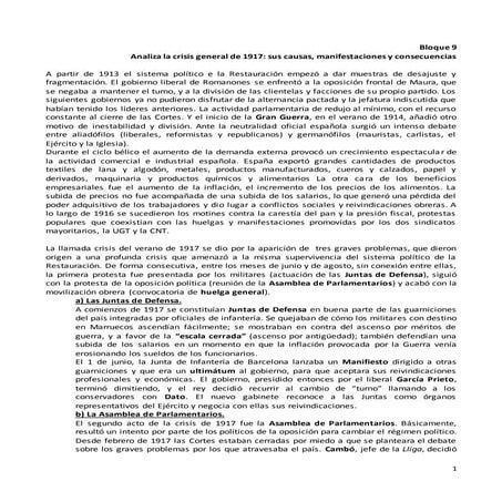 Bloque 9. Analiza la crisis general de 1917: sus causas, manifestaciones y co...