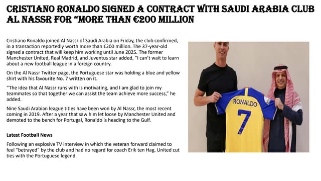 Cristiano Ronaldo signed a contract with Saudi Arabia club Al Nassr for