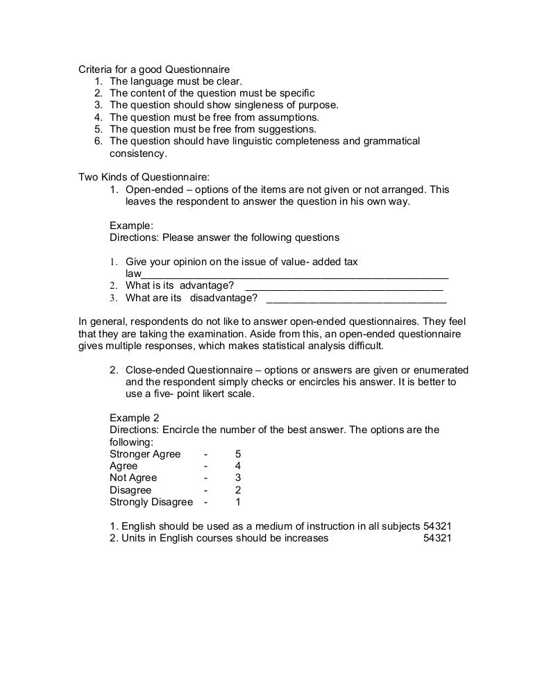 criteria for a good questionnaire example of questionnaire questions