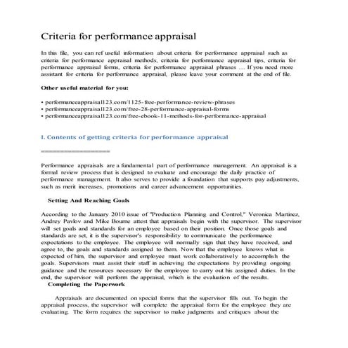 Criteria for performance appraisal