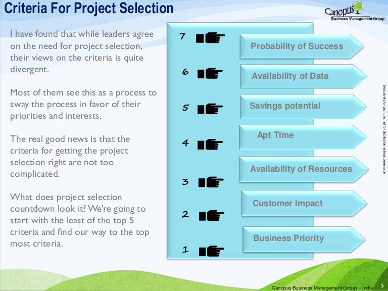 Criteria for project selection - Project Selection Criteria Are Typically Classified As