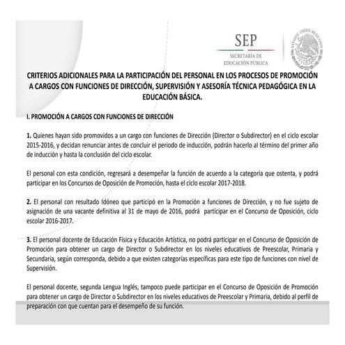 CRITERIOS ADICIONALES PARA LA PARTICIPACIÓN DEL PERSONAL EN LOS PROCESOS DE PROMOCIÓN  A CARGOS CON FUNCIONES DE DIRECCIÓN, SUPERVISIÓN Y ASESORÍA TÉCNICA PEDAGÓGICA EN LA  EDUCACIÓN BÁSICA