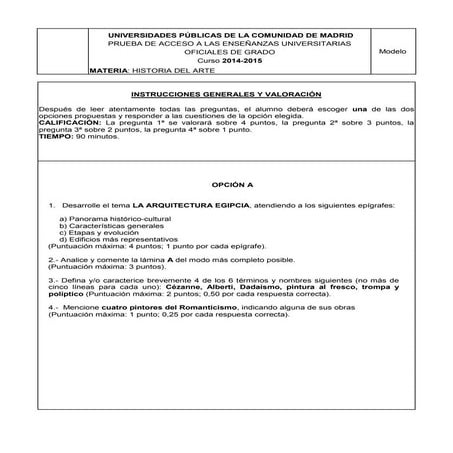 Criterios de corrección Historia del Arte y modelo de examen