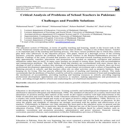 Critical analysis of problems of school teachers in pakistan | PDF