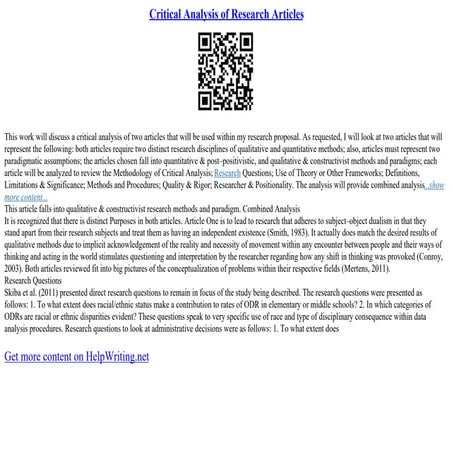 Critical Analysis Of Research Articles