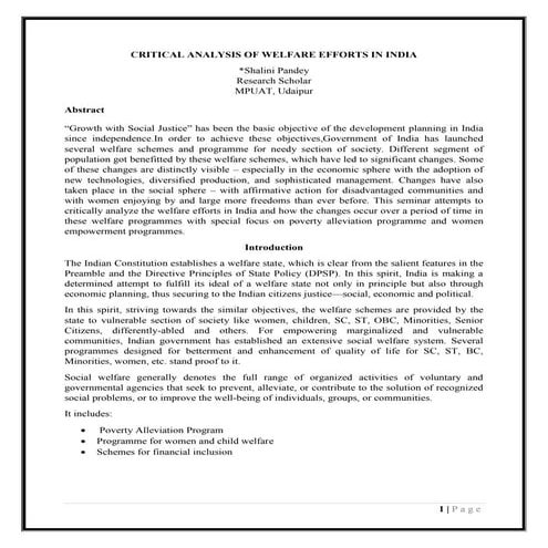 Critical analysis of welfare schemes