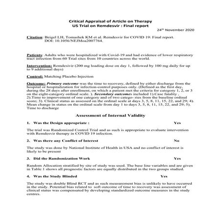 Critical appraisal of article on therapy