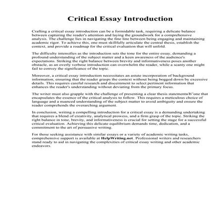 Critical Essay Introduction. Millersville University of Pennsylvania