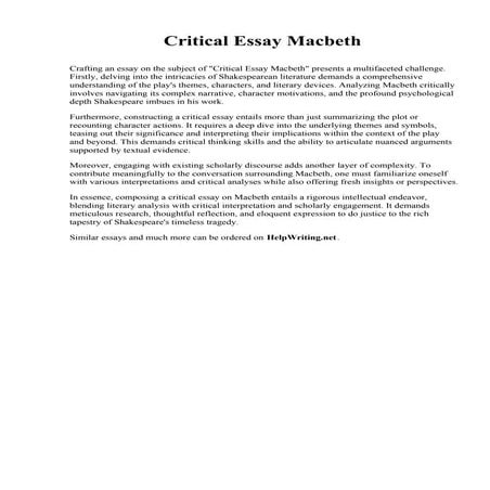 Critical Essay Macbeth. University of California Riverside