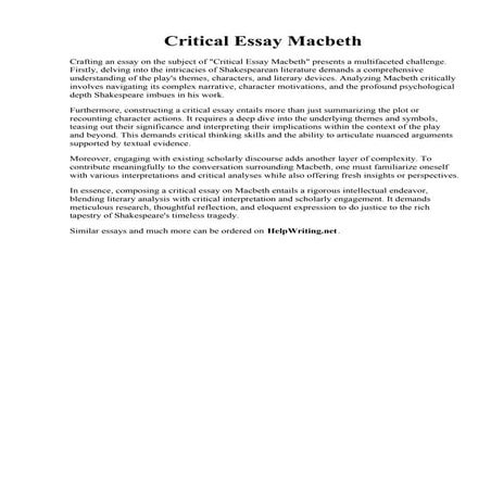 Critical Essay Macbeth. Macbeth Essay English - Year 11 VCE Thinkswap | PDF