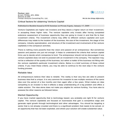 Critical factors for venture capital
