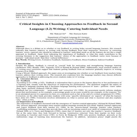 Critical insights in choosing approaches to feedback in second language (l2) ...