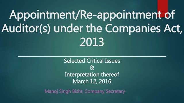 Appointment/Re-appointment of Auditors under the Companies Act, 2013