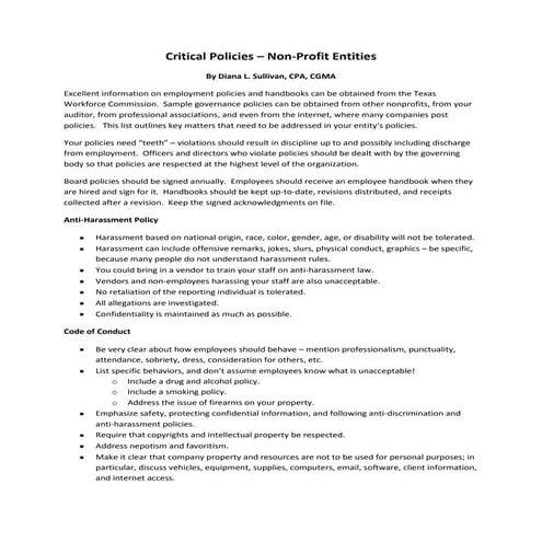 Tips and Tools for Great Financial Management: Critical Policies (support material)