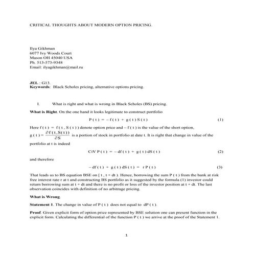 Critical thoughts about modern option pricing