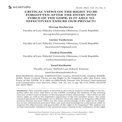 Critical Views on the Right to be Forgotten after the Entry into Force of the GDPR: Is it Able to Effectively Ensure our Privacy?