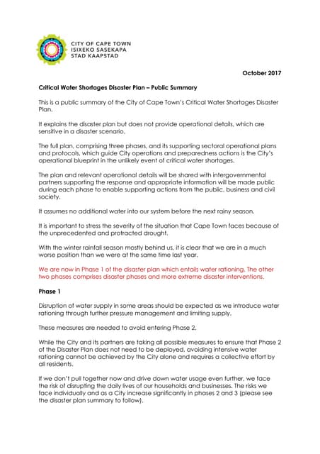 Critical water shortages disaster plan summary