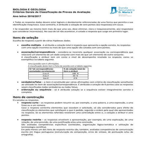 Critérios de classificação dos testes