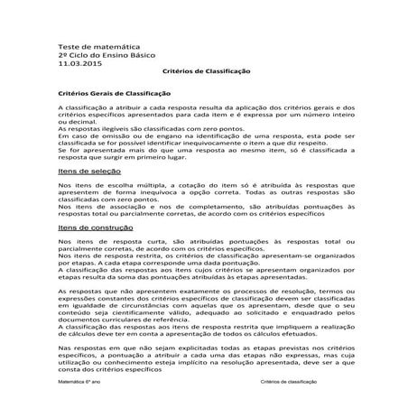Critérios de Classificação - Teste de matemática 2º Ciclo do Ensino Básico 