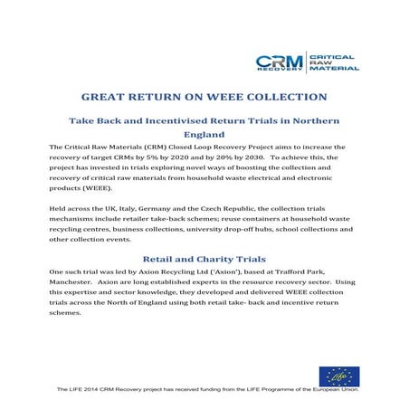 Critical Raw Materials - WEEE Collection and CRM Recovery Trials Across ...