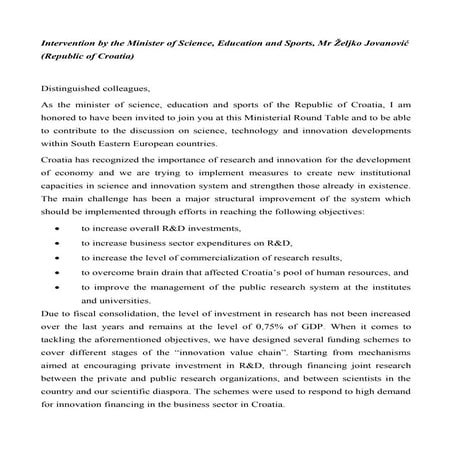 Mr Željko Jovanović  -  Minister of Science, Education and Sports, (Republic of Croatia),’’Intervention for the SEE Ministerial Round Table 23 November 2012 – Sarajevo’’