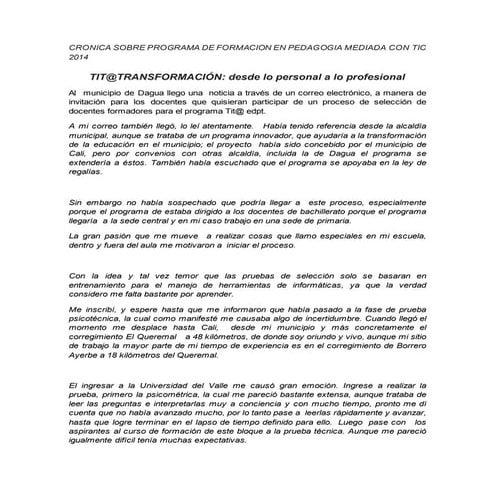 CRONICA SOBRE EL PROGRAMA DE FORMACIÓN EN PEDAGOGIA MEDIADA CON TIC, tit@