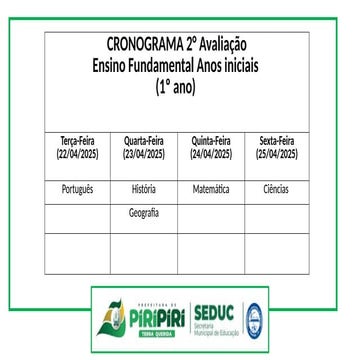 MODELO DE CRONOGRAMA DE AVALIAÇÕES ESCOLARES