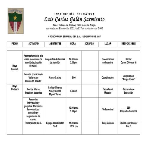 Cronograma del 8 al 13 de mayo 2017