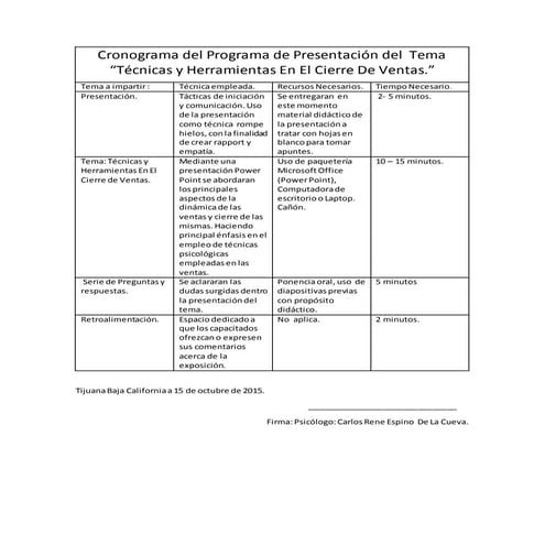 Cronograma del programa de presentación del  tema