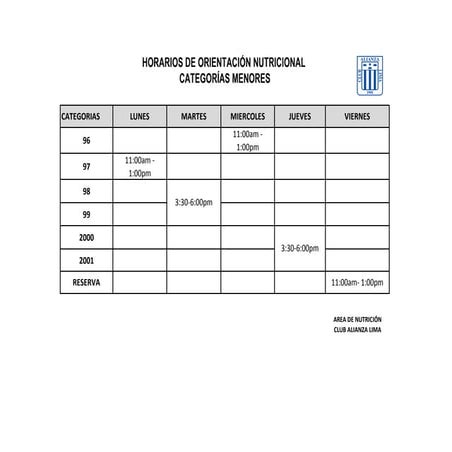 CRONOGRAMA DE ATENCIÓN NUTRICIONAL (RESERVA HASTA LA CAT. 96-2001)