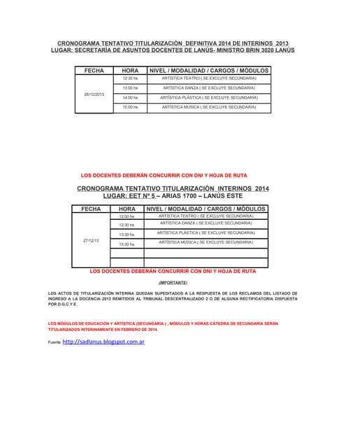 Cronograma tentativo titularización artística (interina/definitiva)