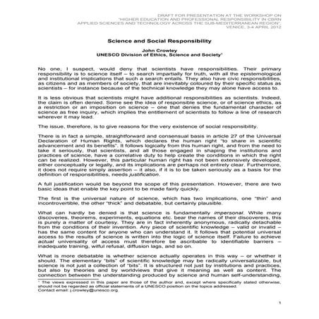 Science and Social Responsibility [John Crowley, UNESCO SHS, France]