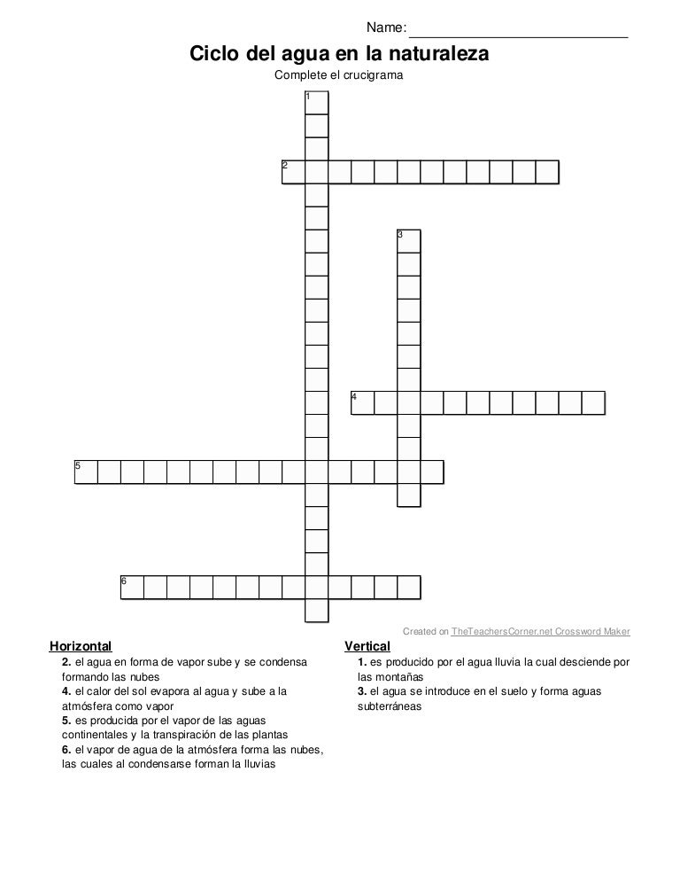 Crucigrama ciclo del agua en la naturaleza