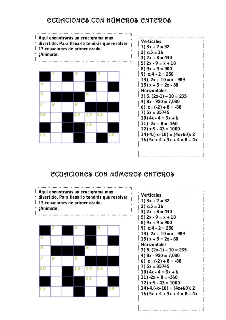 Crucigrama ecuaciones nº enteros
