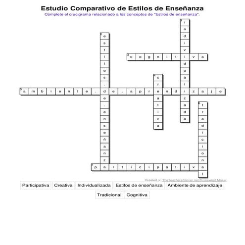   Crucigrama (estudio comparativo de  estilos de enseñanza). - solución
