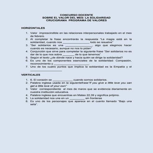 Crucigrama valores para los docentes