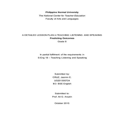 Detailed Lesson Plan in Teaching Listening and Speaking: Predicting Outcomes