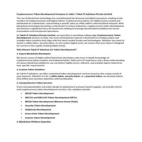 Cryptocurrency Token Development Company in India __ Taksh IT solutions Priva...